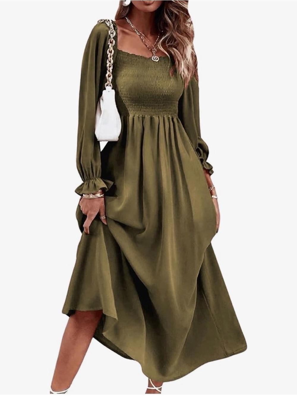 NWT Olive Green Smocked Long Sleeve Midi Dress - Women's, XL